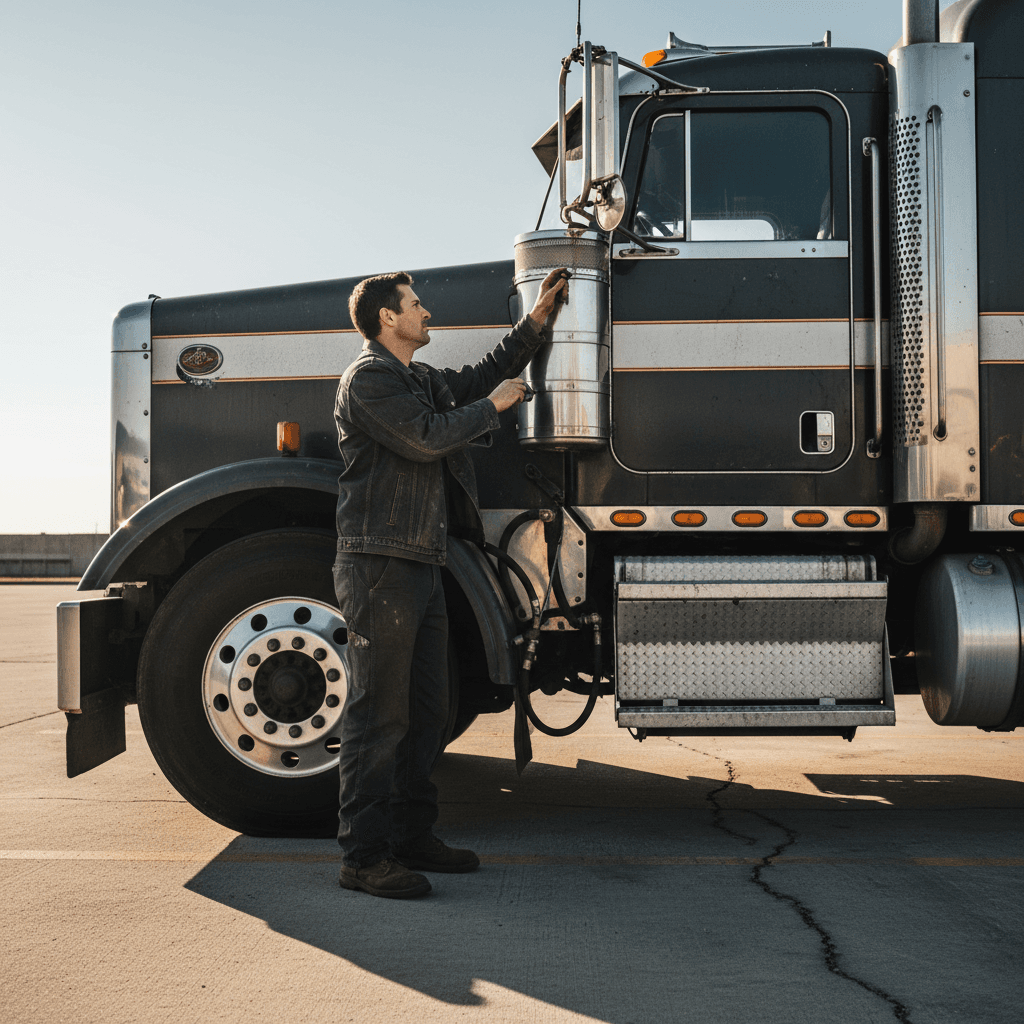 Professional truck driver conducting vehicle safety inspection
