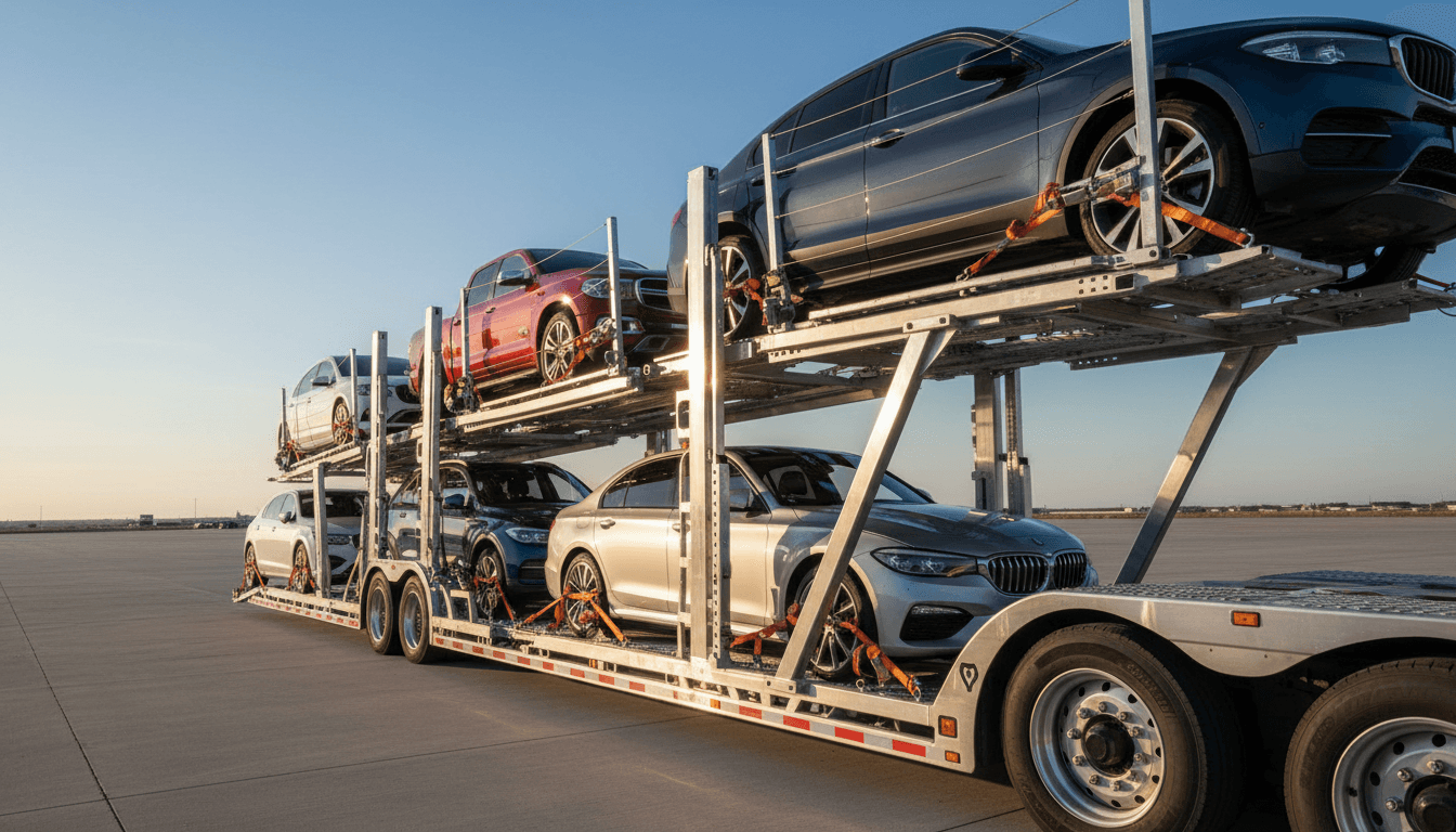 Car hauler with secured vehicles ready for transport