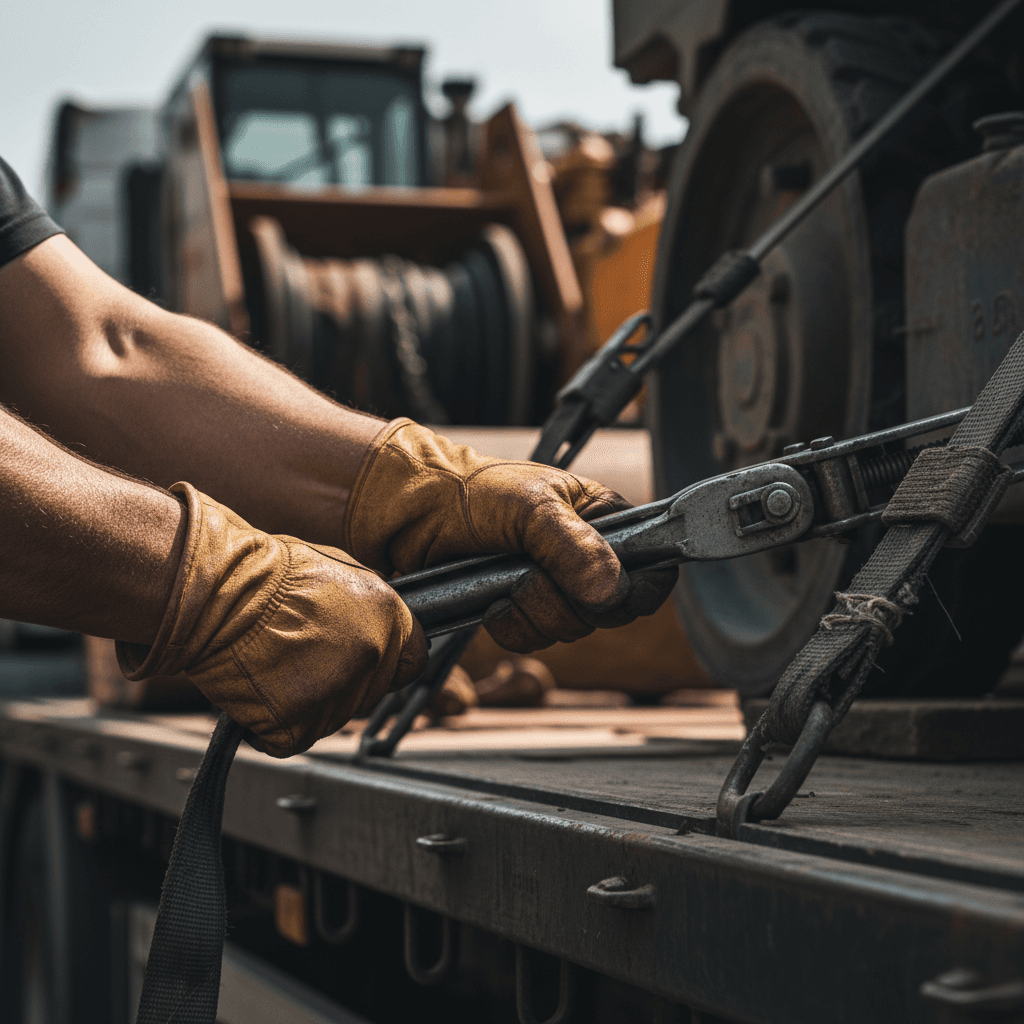 Docka driver securing cargo on flatbed trailer