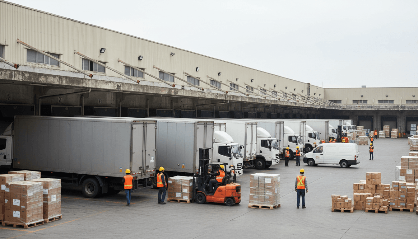 Active Docka Transportation facility with multiple trucks in operation